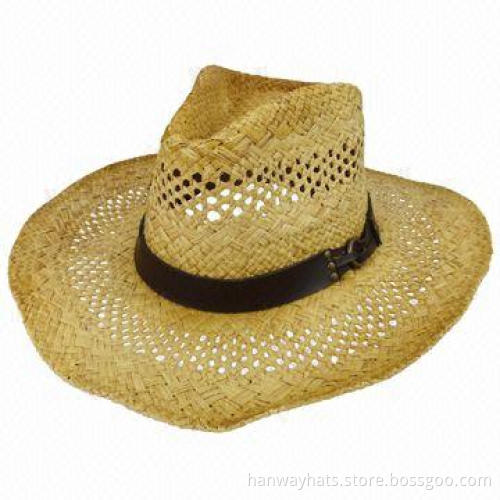 Leather Band Cowboy Hat, Handwoven Raffia Straw Cowboy Hat